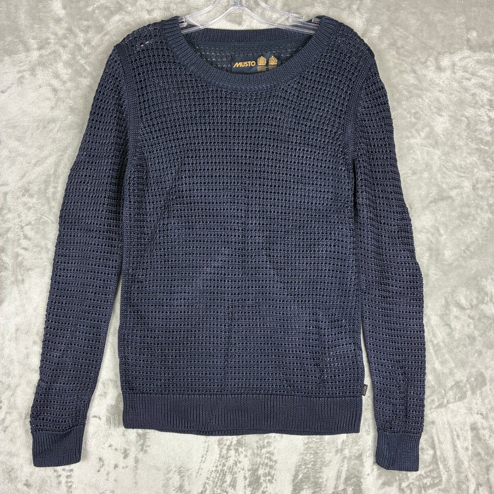 Musto Womens Navy Blue Open Knit Crew Neck Sweater Rayon Cotton Size US 8 UK 12